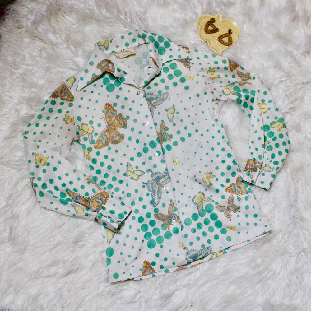 Vintage Fire Islander Teal Butterfly 70s Blouse 8